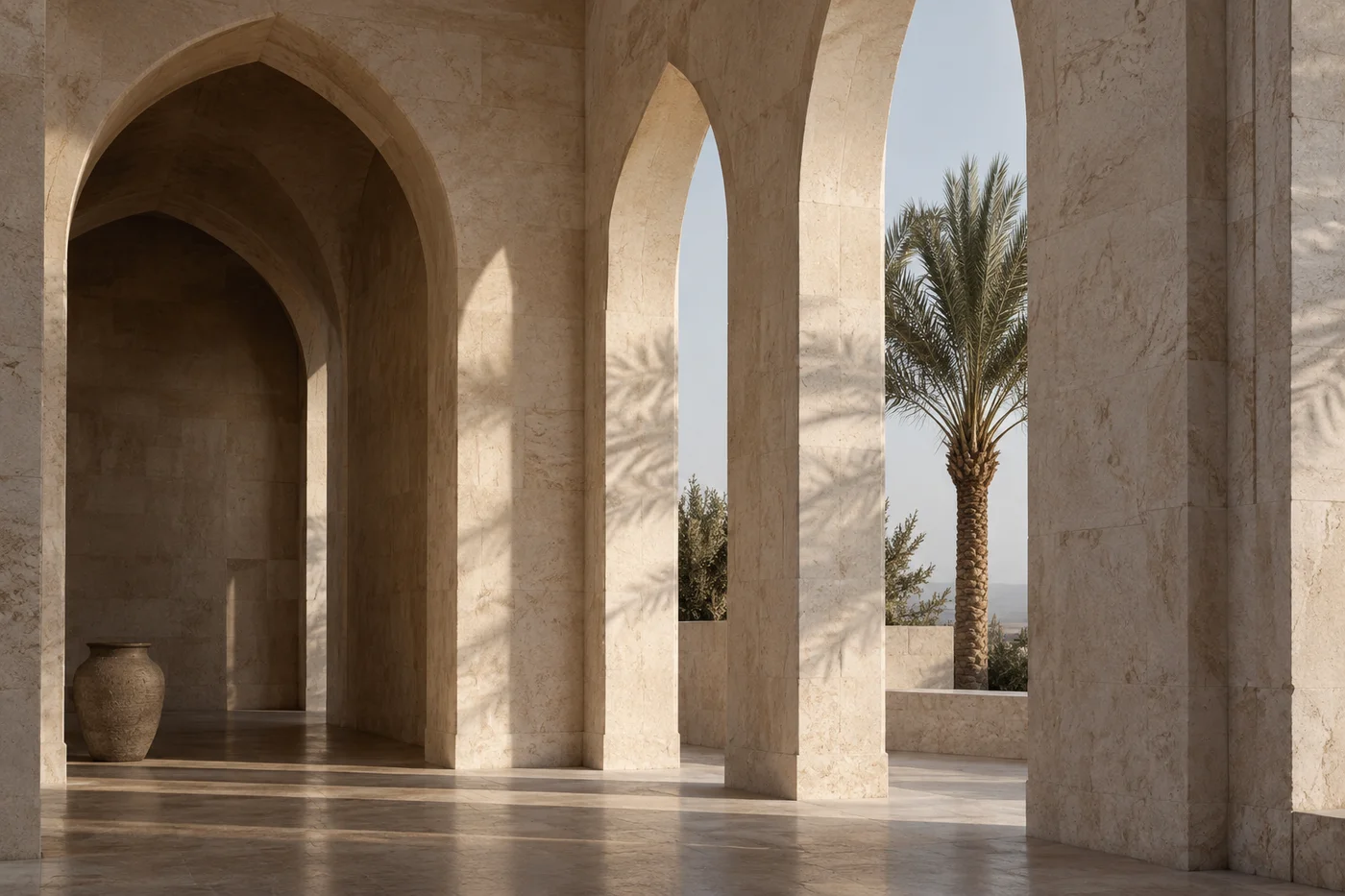 Warm stone archways and a palm, an architectural study